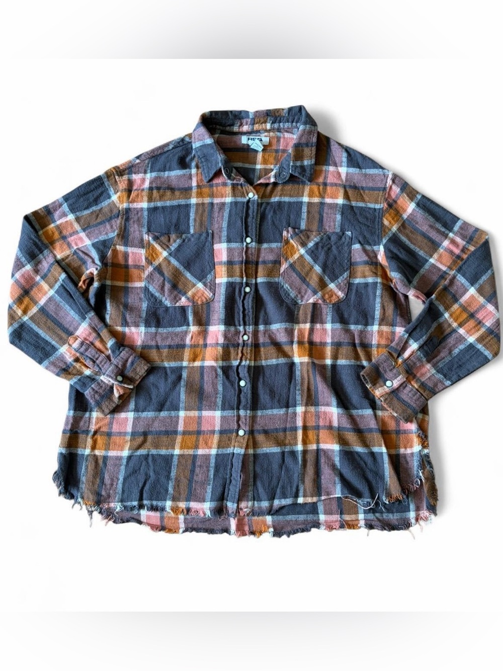 RSG woman’s brown/grey flannel shirt with frayed hem and cuffs Sz L